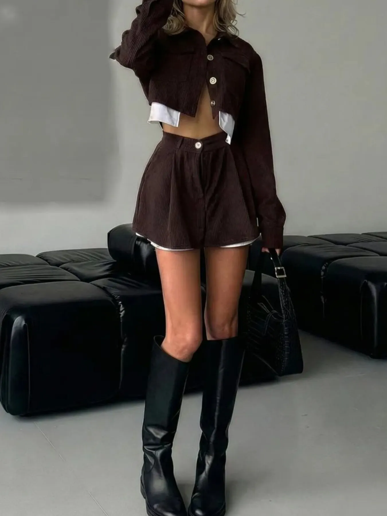 Button Up Cropped Jacket and Mini Skirt Set