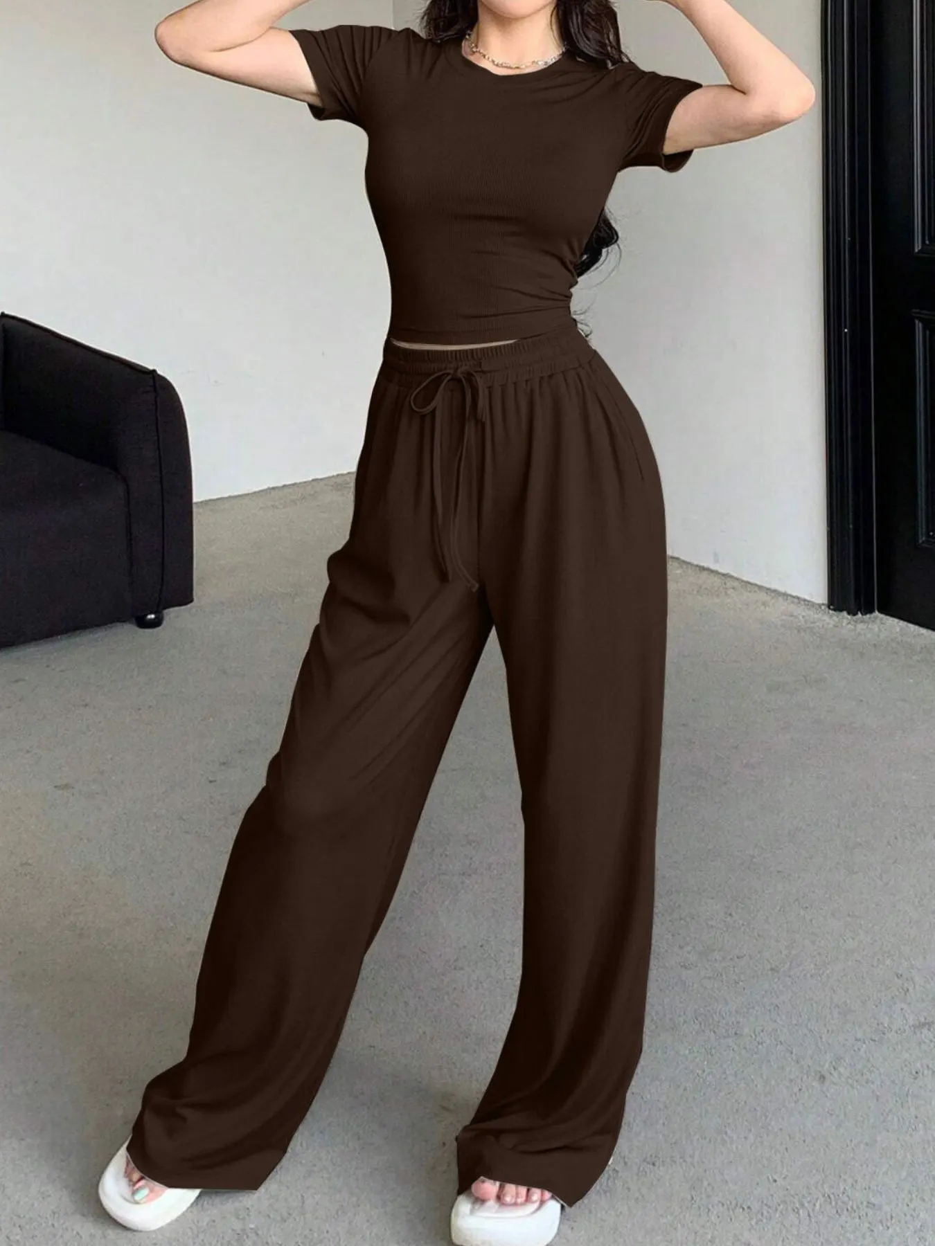 Solid Color Short Sleeve Crop Top and Wide Leg Pants Set