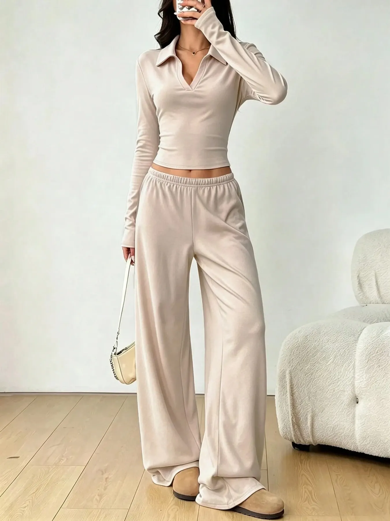 Solid Color Long Sleeve Polo Collar Top and Wide Leg Pants Set