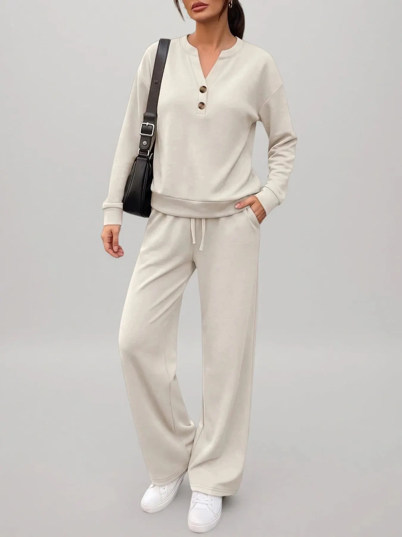 Button Detail Dropped Shoulder Top and Pants Set