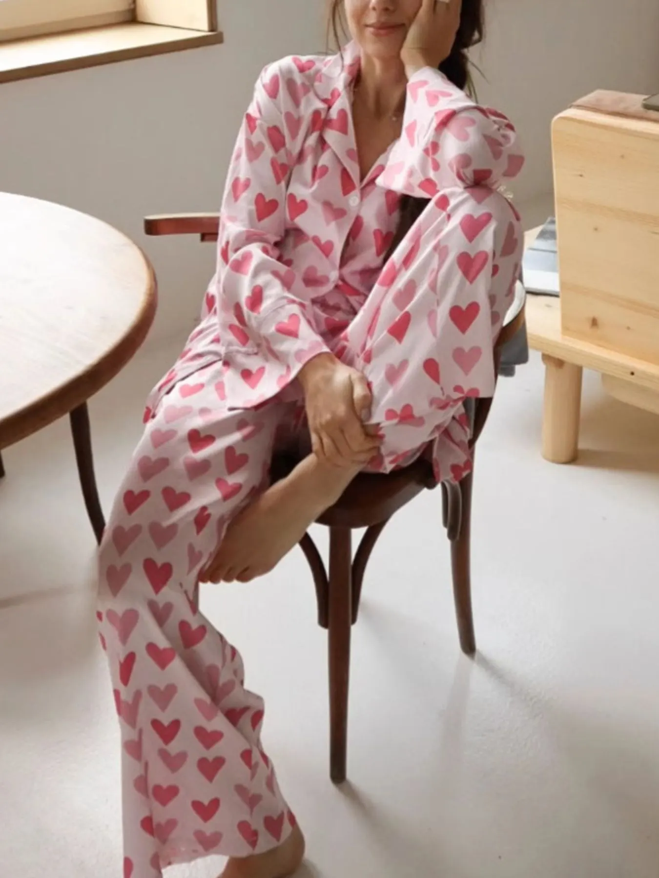 Heart Print Button Up Top and Pants Lounge Set